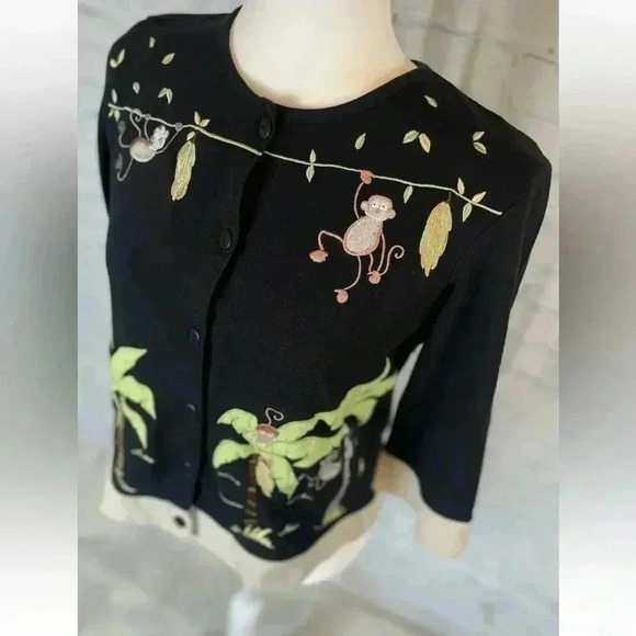 Vintage Onque Casuals Black Button Cardigan Monkeys Bananas Palm Trees Woman’s S - Picture 3 of 12